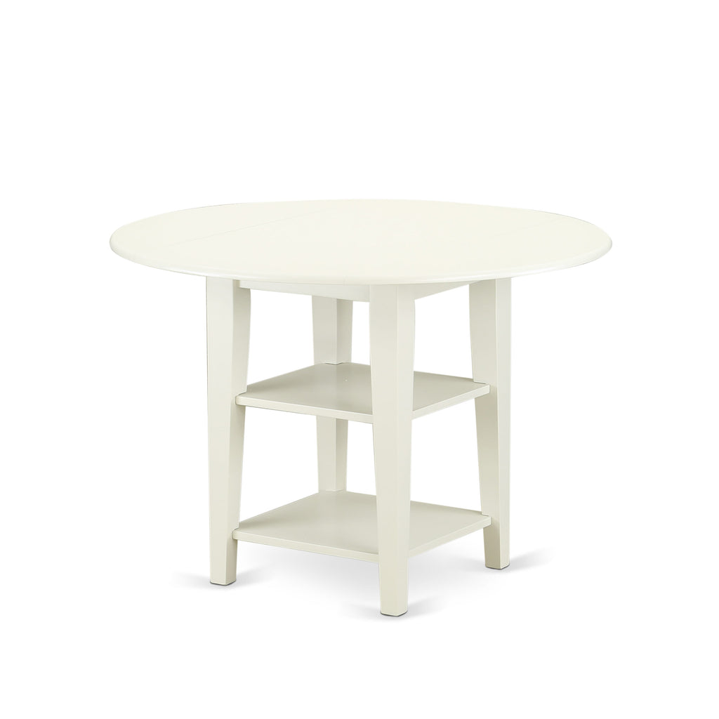 SUT-L8P-L Elegant Round Dining Table with Dual Shelves and Dropleaf, 42x42 Linen White Finish