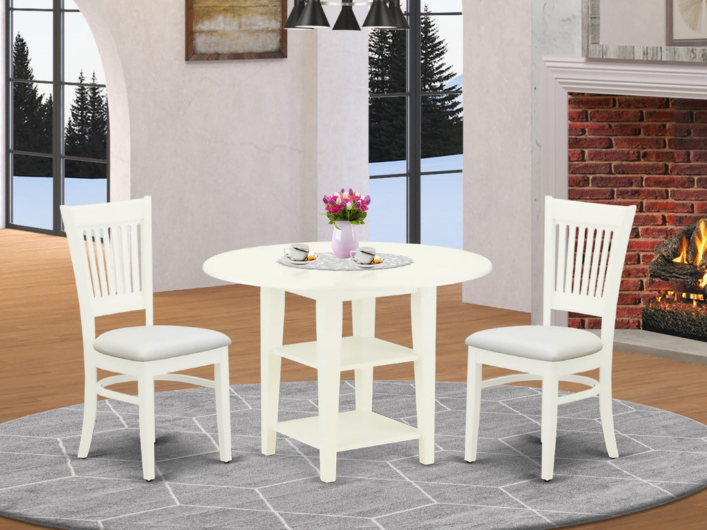 SUVA3-0UM-N 3 Piece Compact Dining Set Drop Leaf Round Table & Linen Chairs - 42 White Finish