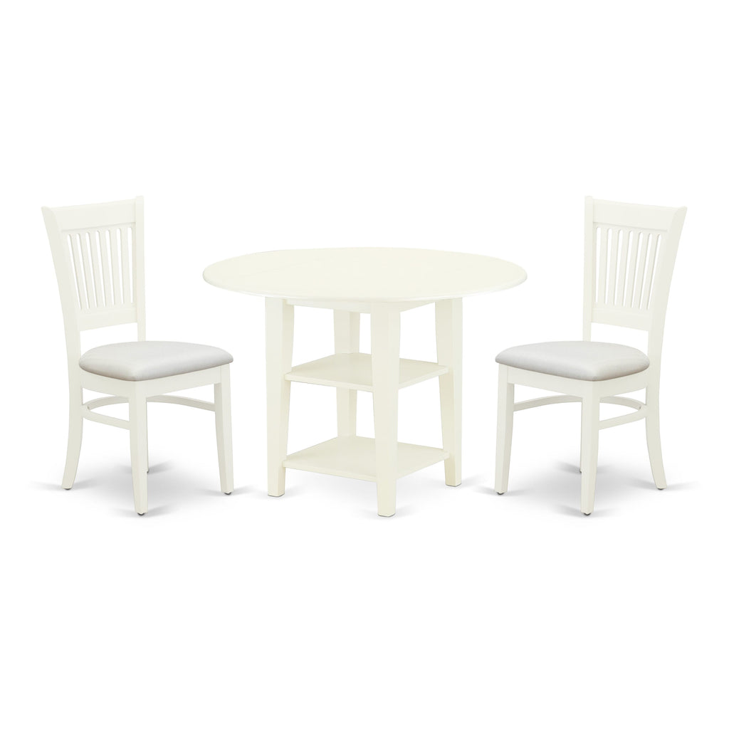 SUVA3-0UM-N 3 Piece Compact Dining Set Drop Leaf Round Table & Linen Chairs - 42 White Finish