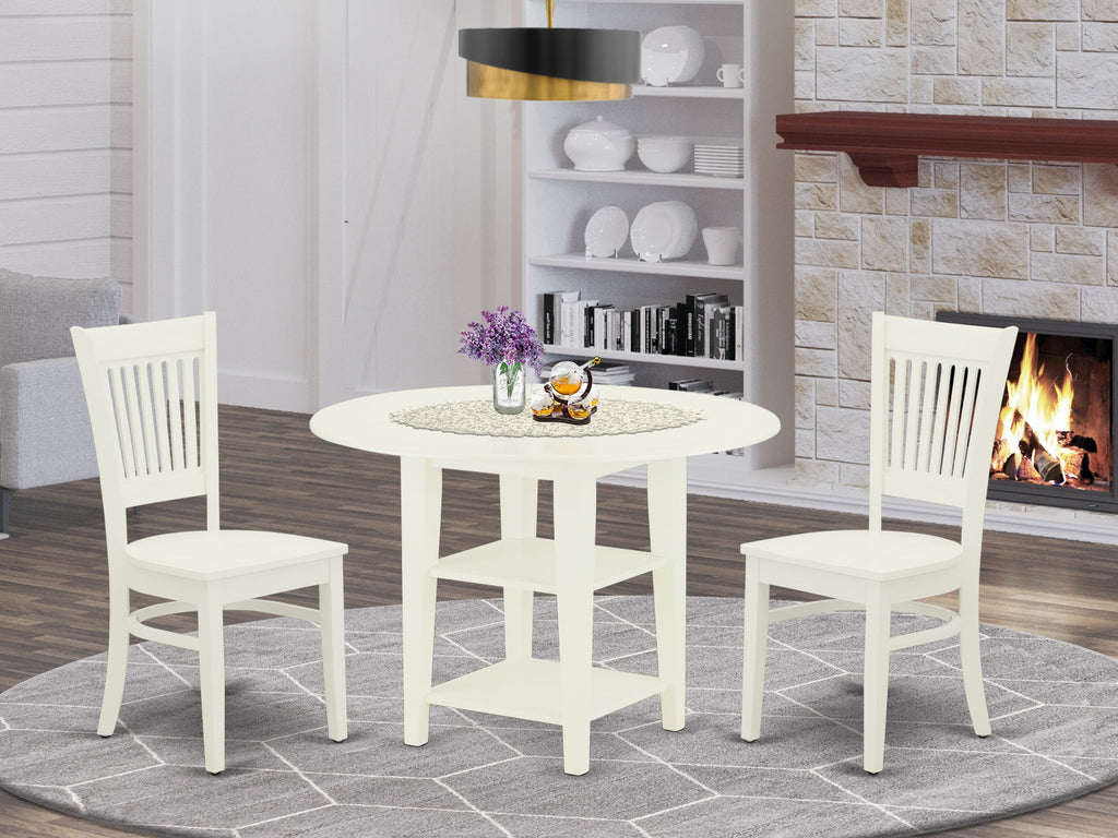 SUVA3-11Q-U Compact Dining Set Round Table with Drop Leaf and Storage Shelves, Plus 2 Chairs, Linen White Finish