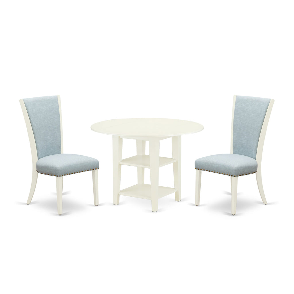 SUVE3-77L-FG Compact Round Dining Set with Dropleaf Table & Shelves with Two Upholstered Chairs in Baby Blue