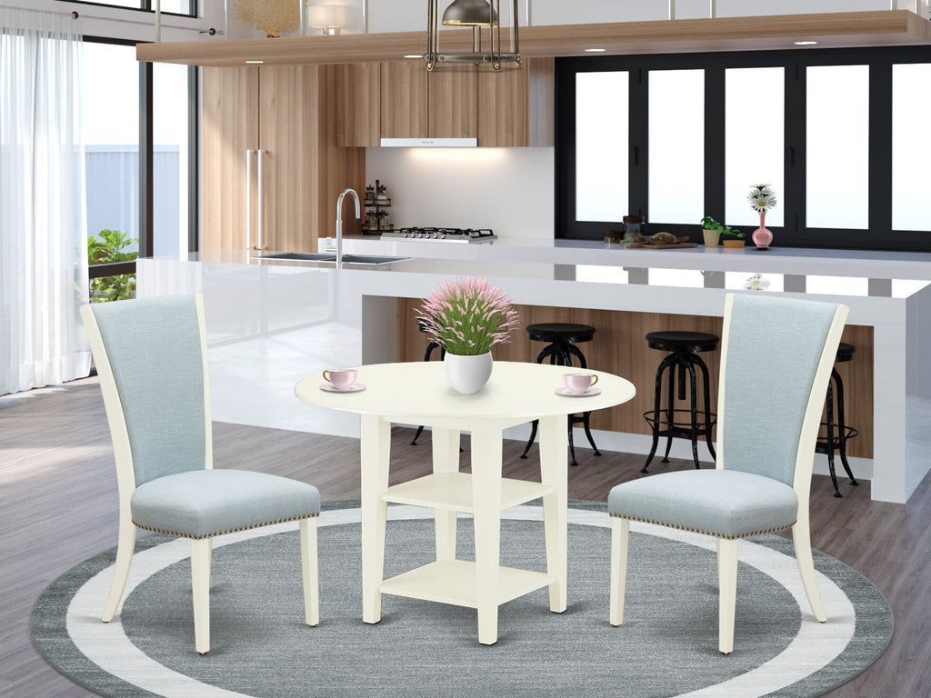 SUVE3-77L-FG Compact Round Dining Set with Dropleaf Table & Shelves with Two Upholstered Chairs in Baby Blue