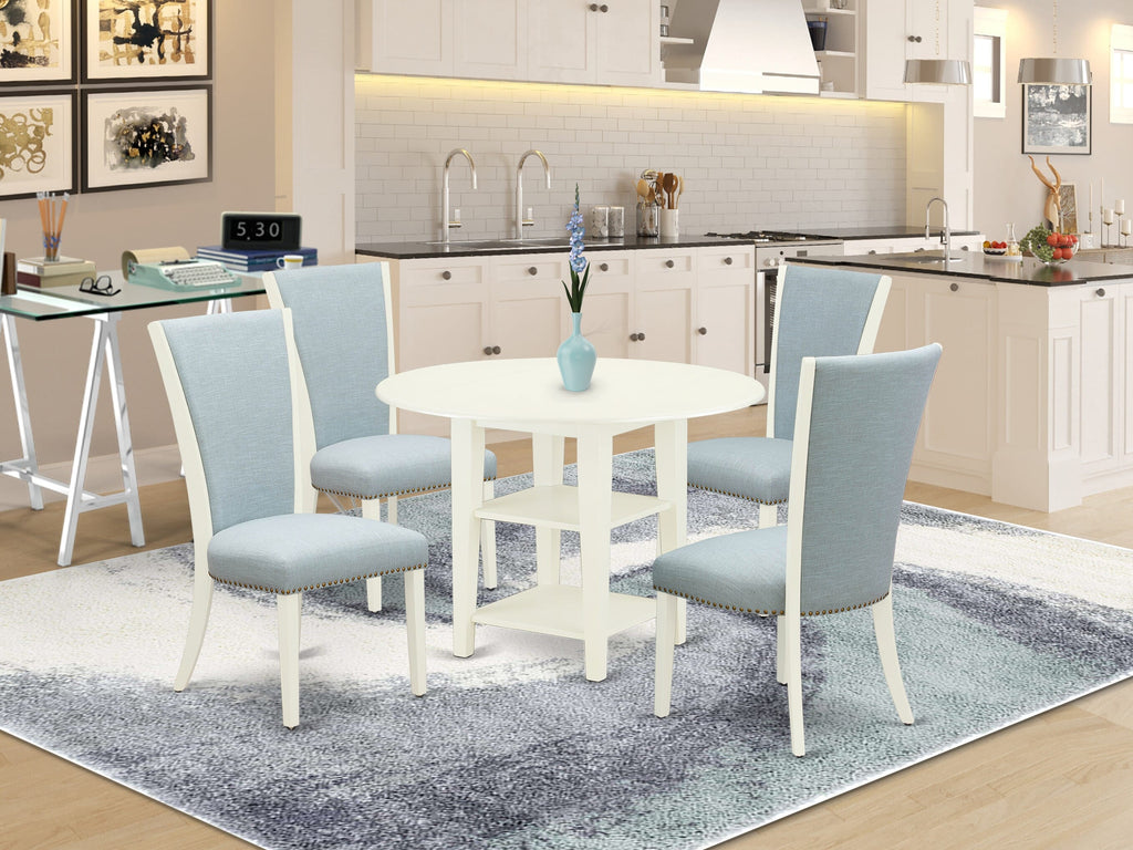 SUVE5-FW2-X5 5-Piece Dining Set Featuring Round Dropleaf Table and Linen Parson Chairs in Linen White