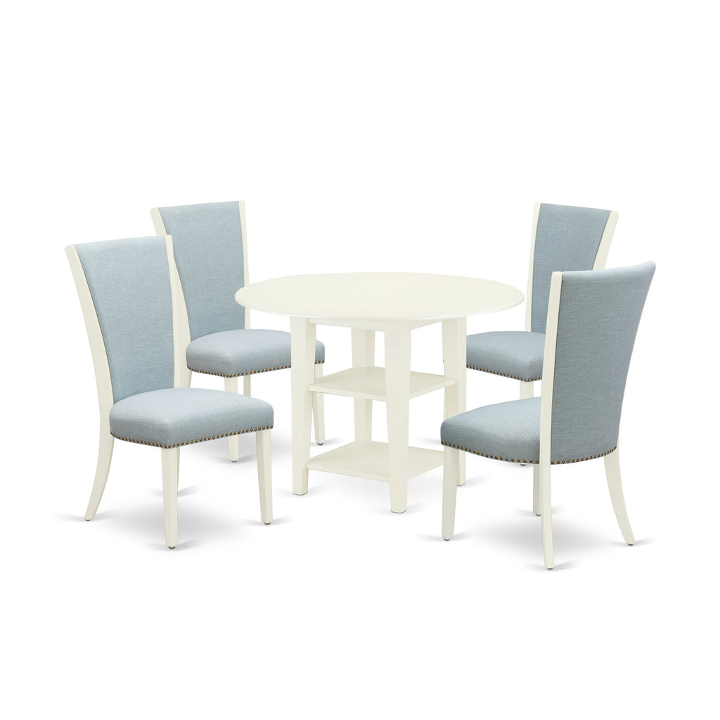SUVE5-FW2-X5 5-Piece Dining Set Featuring Round Dropleaf Table and Linen Parson Chairs in Linen White
