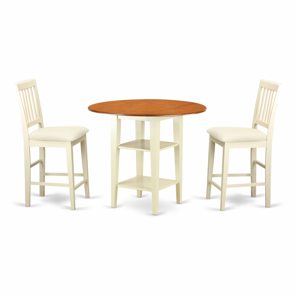 SUVN3Q-35E-1 3-Piece Space-Saving Dining Ensemble with Drop Leaf Table & Linen Seats in Buttermilk