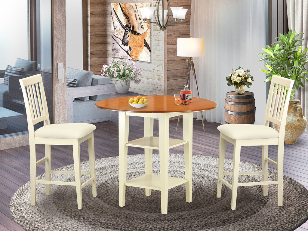 SUVN3Q-35E-1 3-Piece Space-Saving Dining Ensemble with Drop Leaf Table & Linen Seats in Buttermilk