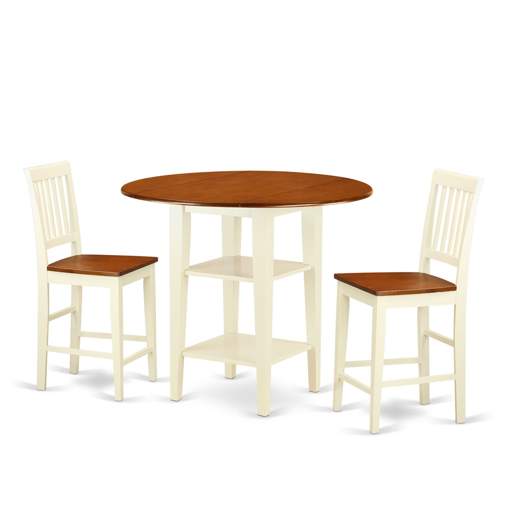 Compact Dining Ensemble SUVN32-ETJ-1 3-Piece Set with Dropleaf Shelves & Two Chairs, 42” Buttermilk & Cherry Style