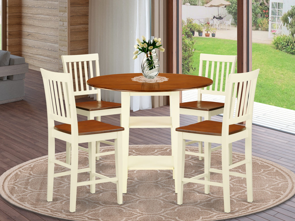 SUVN52-CMJ-2 5 Piece Set Round Drop-leaf Table with Storage and 4 Chairs for Dining Area, Buttermilk & Cherry 42x42 Inches