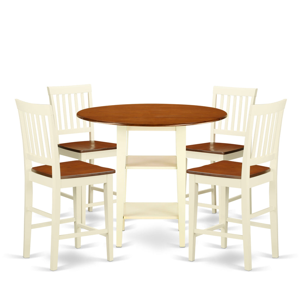 SUVN52-CMJ-2 5 Piece Set Round Drop-leaf Table with Storage and 4 Chairs for Dining Area, Buttermilk & Cherry 42x42 Inches
