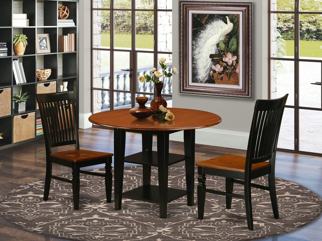 SUWE3-F8U-M Elegant 3-Piece Dining Ensemble Featuring Versatile Dropleaf Round Table and a Pair of Classic Chairs in Black & Cherry