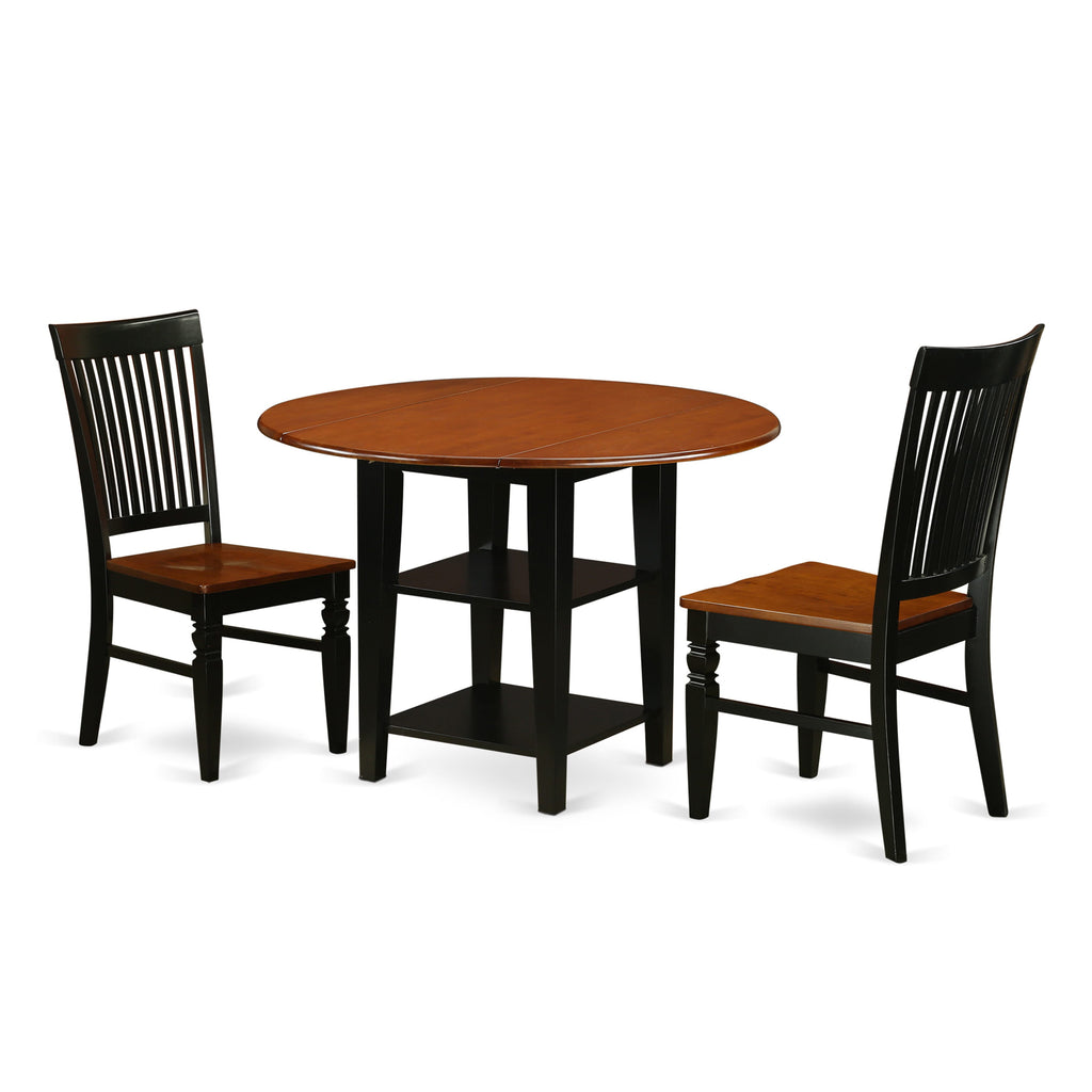 SUWE3-F8U-M Elegant 3-Piece Dining Ensemble Featuring Versatile Dropleaf Round Table and a Pair of Classic Chairs in Black & Cherry