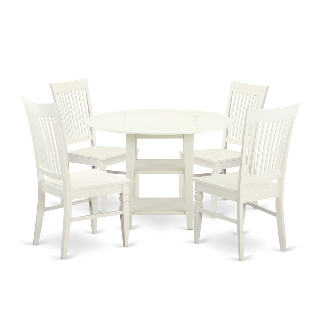 SUWE5-33Y-H 5-Piece Set with Round Dropleaf Table & 4 Chairs, 42 Linen White Design with Storage