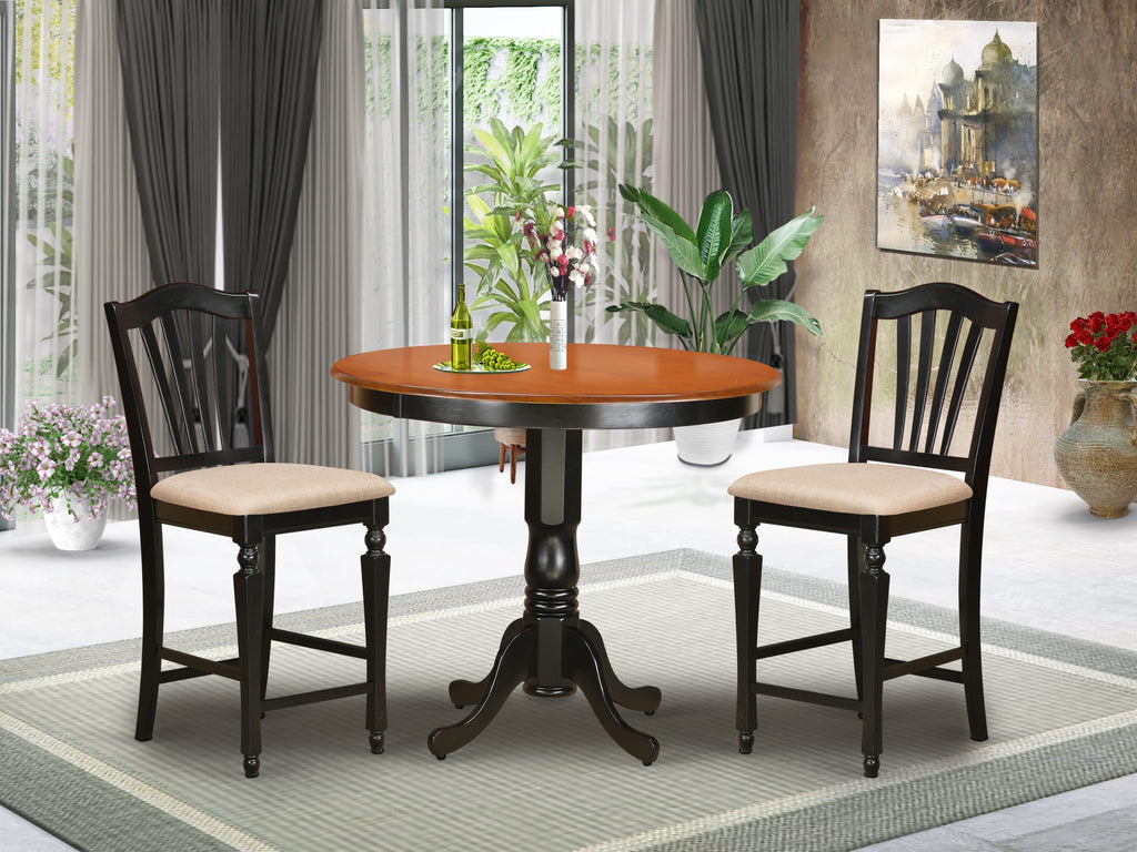 TRCH3-U15-X Compact 3-Piece Round Dining Set with Linen Seat Chairs for Cozy Kitchen Nooks, 42x42, Cherry/Black