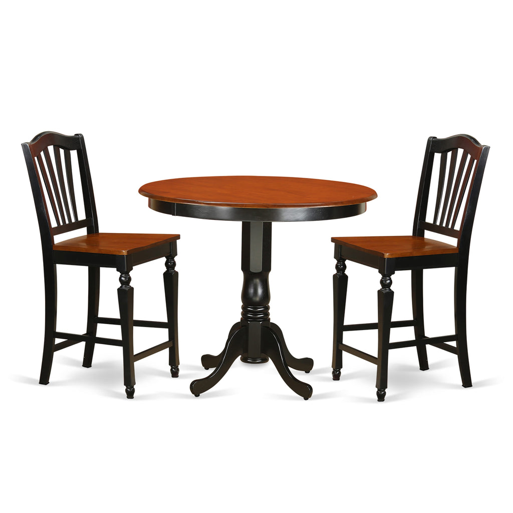 TRCH3-AB3-Z 3-Piece Elevated Dining Set with Round Wooden Table and 2 High Dining Chairs, Black & Cherry, 42