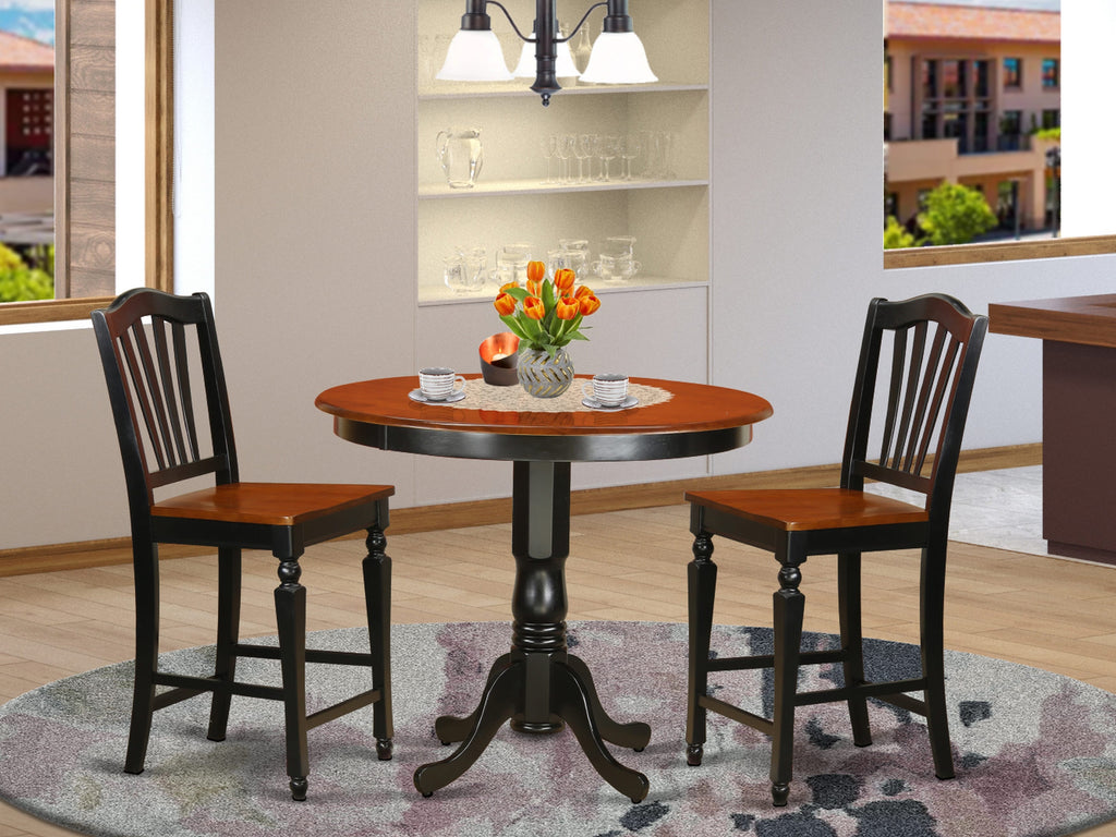 TRCH3-AB3-Z 3-Piece Elevated Dining Set with Round Wooden Table and 2 High Dining Chairs, Black & Cherry, 42