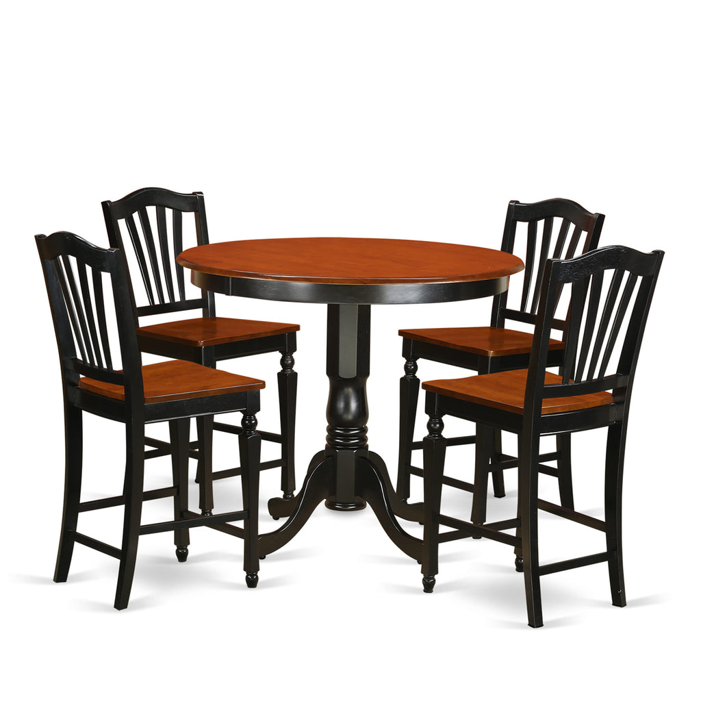 TRCH5-M93-8 Premium 5 Piece Counter Height Dining Ensemble with Sleek Round Table and 4 Chairs, 42x42, Black & Cherry