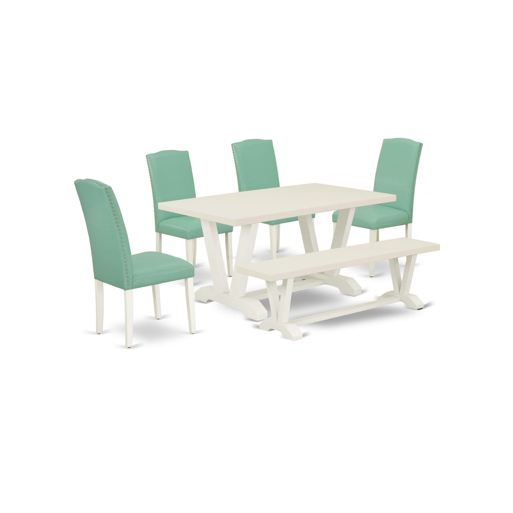Dining Ensemble V026E475F-J with 6-Piece Set - Rectangle Table, Bench, 4 Upholstered Chairs in Wire-Brushed Linen White