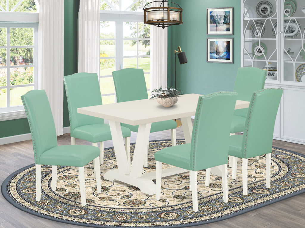V026E41TE-M 7Pc Dining Ensemble Featuring Rectangular 36x60 Table and 6 Elegant Dining Chairs in White Finish