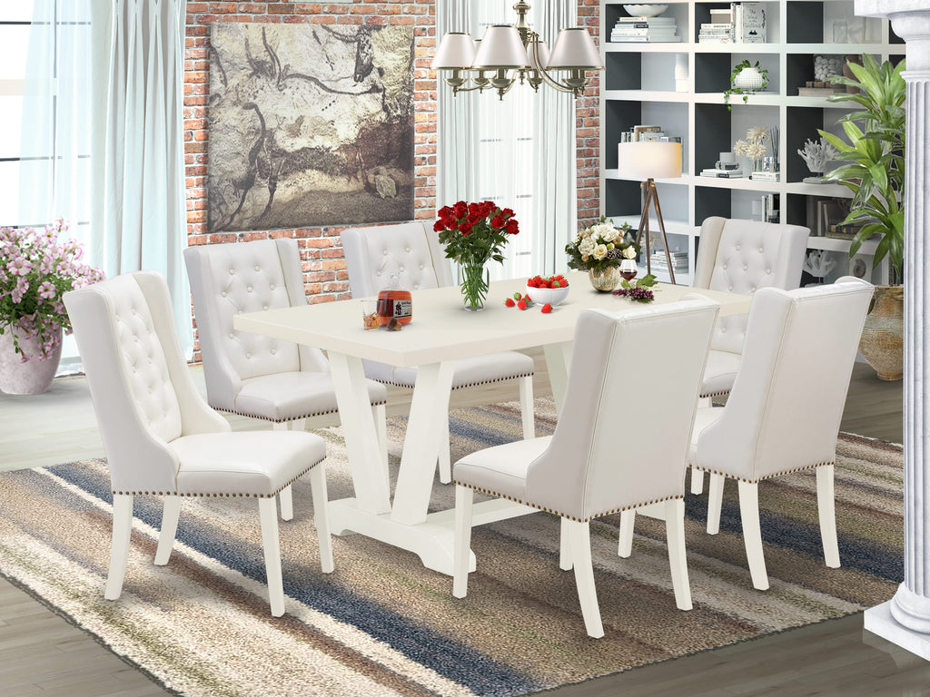 V026FN1KQ-0 Elegant 7-Piece Rectangle Dining Set with V-Leg Design and 6 Light Grey Chairs, 36x60 Multi