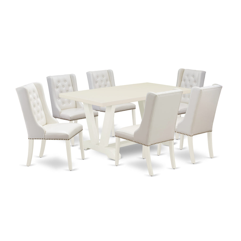 V026FN1KQ-0 Elegant 7-Piece Rectangle Dining Set with V-Leg Design and 6 Light Grey Chairs, 36x60 Multi