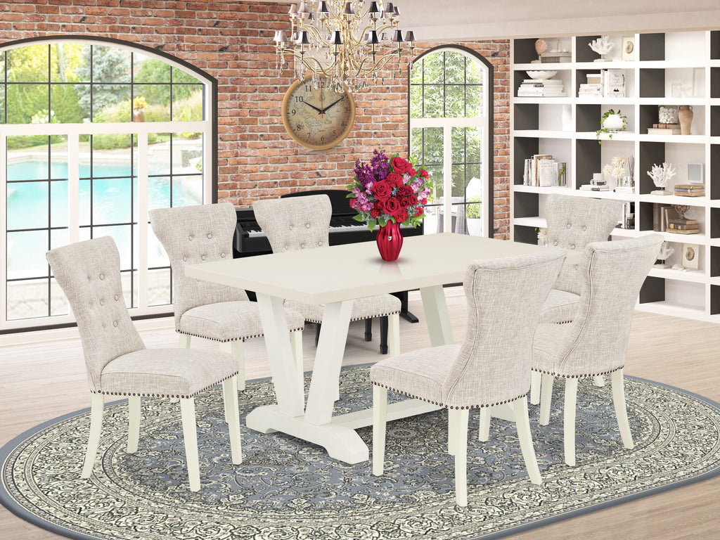 V026GUQZZ-M Elegant 7-Piece Dining Ensemble with Modern V-Leg Table and Plush Linen Seats, Multi-Color