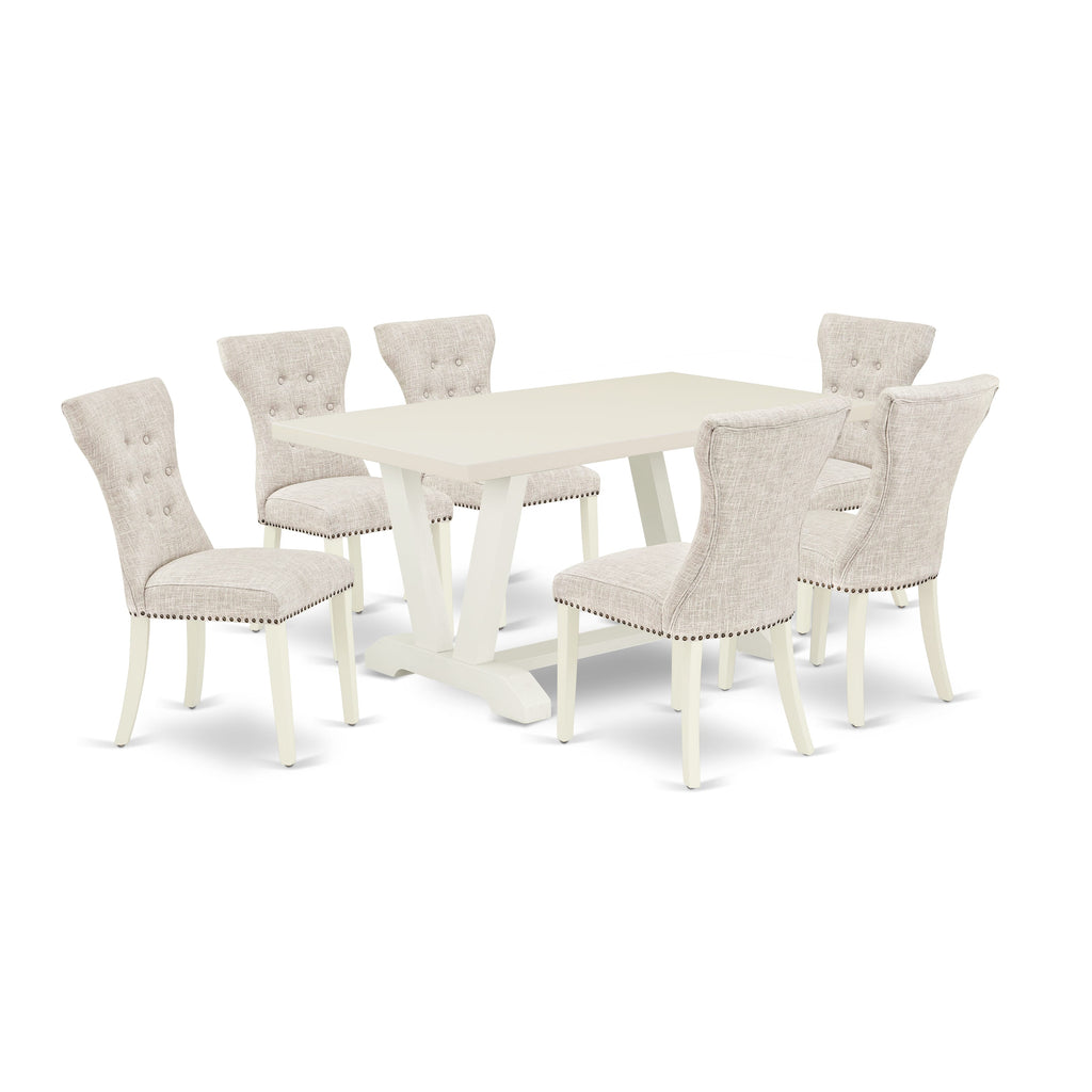 V026GUQZZ-M Elegant 7-Piece Dining Ensemble with Modern V-Leg Table and Plush Linen Seats, Multi-Color