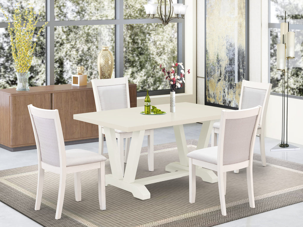 V026M11YB-B V-style Dining Ensemble with Cream Linen Chairs - 5 Piece Set for Four, Multi-Color, 36x60