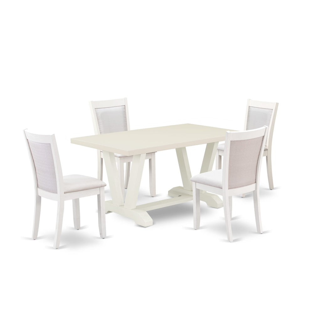 V026M11YB-B V-style Dining Ensemble with Cream Linen Chairs - 5 Piece Set for Four, Multi-Color, 36x60