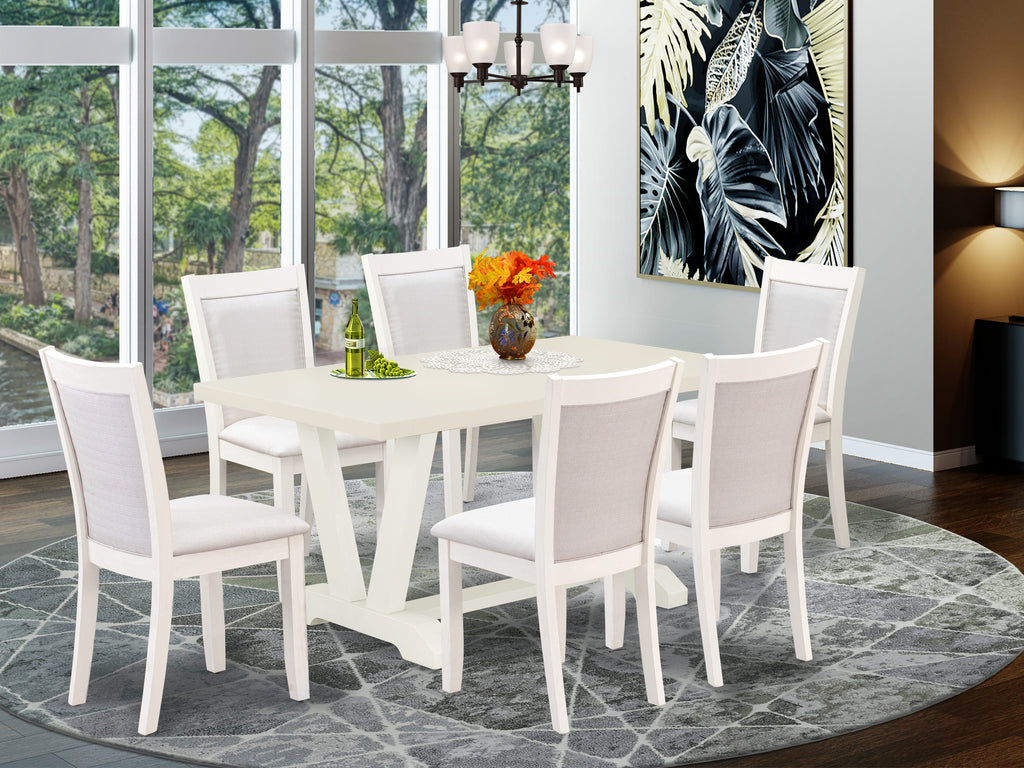 7-Piece Set V026MBAAF-M Rectangular Dining Table with V-Legs & Cream Upholstered Chairs