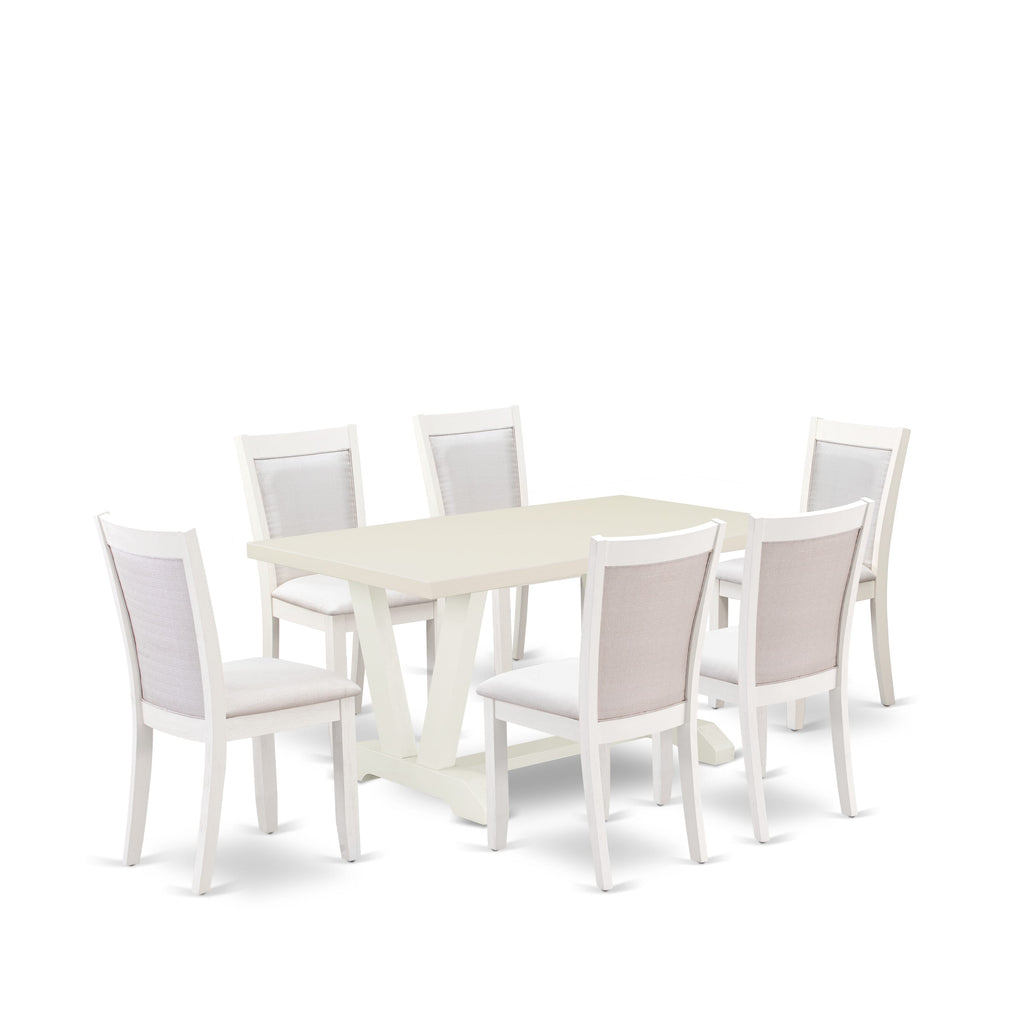 7-Piece Set V026MBAAF-M Rectangular Dining Table with V-Legs & Cream Upholstered Chairs