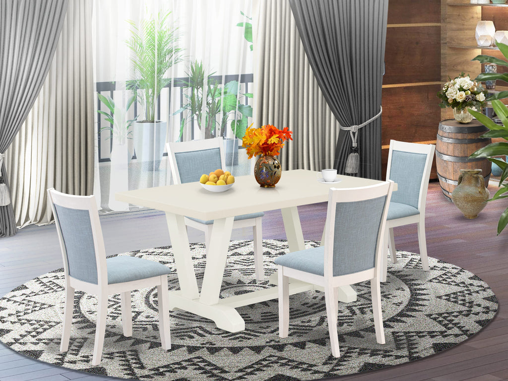 V026M6TT5-B V-Leg Table Set with Elegant Blue Chairs for Dining, 5-Piece Dining Room Ensemble with Linen Seating, Multi-Colored Rectangular Design, 36x60