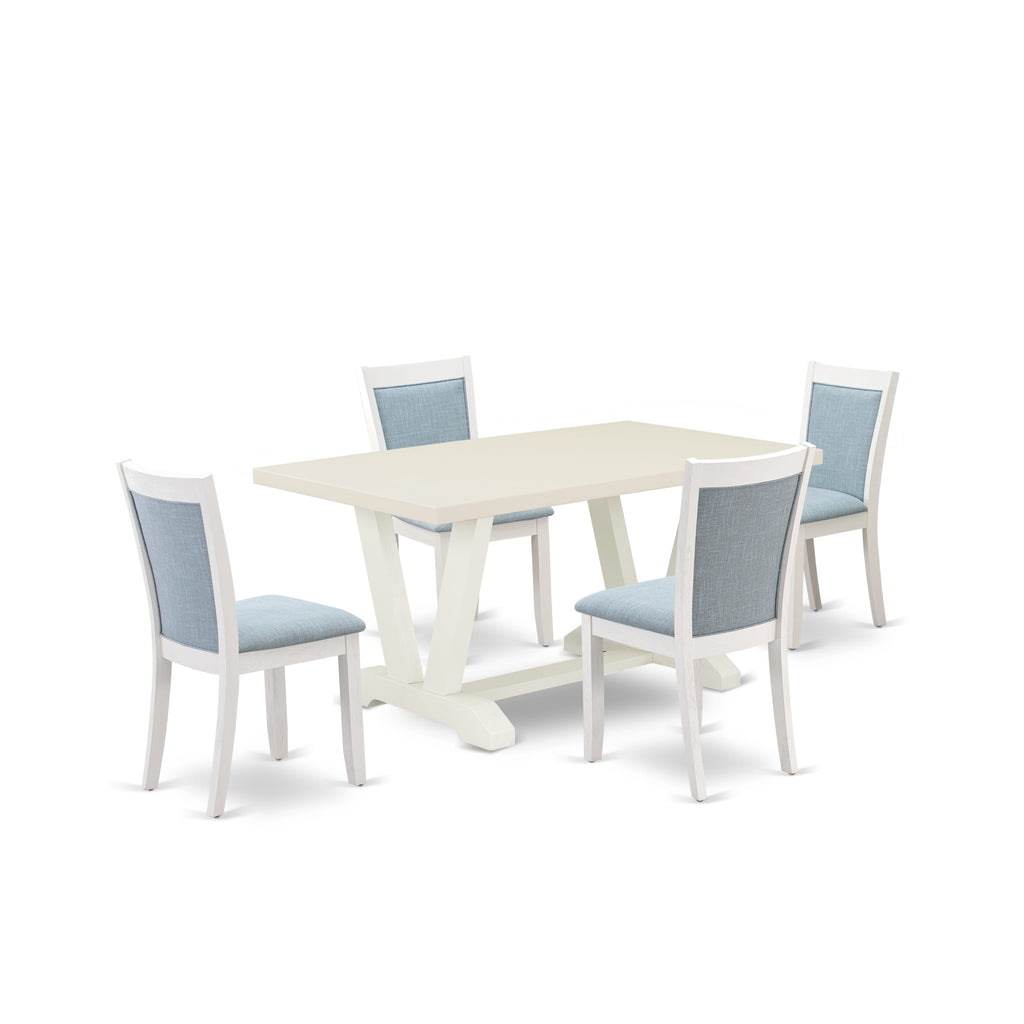 V026M6TT5-B V-Leg Table Set with Elegant Blue Chairs for Dining, 5-Piece Dining Room Ensemble with Linen Seating, Multi-Colored Rectangular Design, 36x60