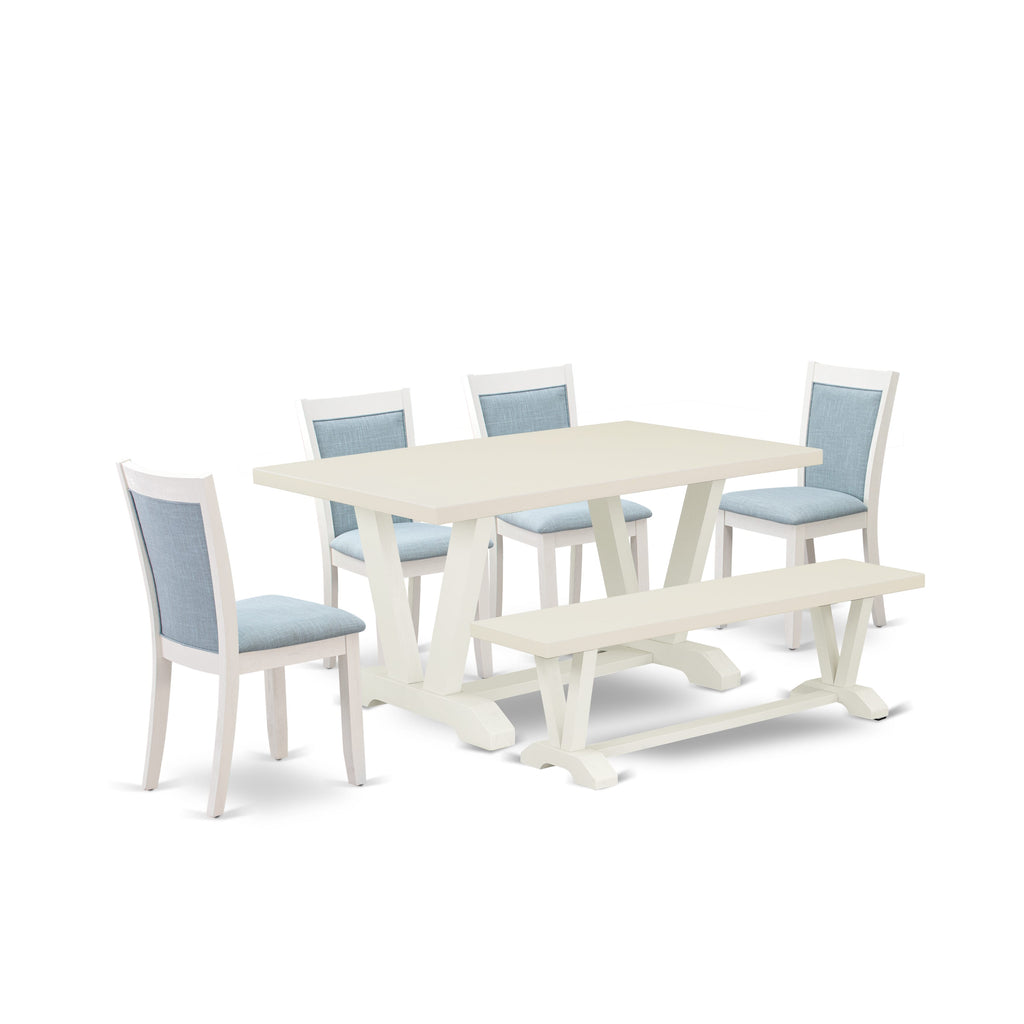 V026M2C44-G 6-Piece Set Rectangular Table with V-Legs, 4 Linen Blue Parson Chairs & Bench, 36x60