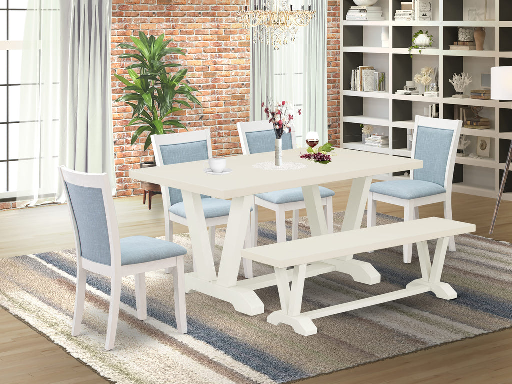 V026M2C44-G 6-Piece Set Rectangular Table with V-Legs, 4 Linen Blue Parson Chairs & Bench, 36x60