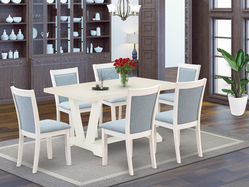V026M4M7K-O Dining Set with Rectangular Table and Baby Blue Chairs, 7 Piece, 36x60 Inches, Multi-Color Elegance