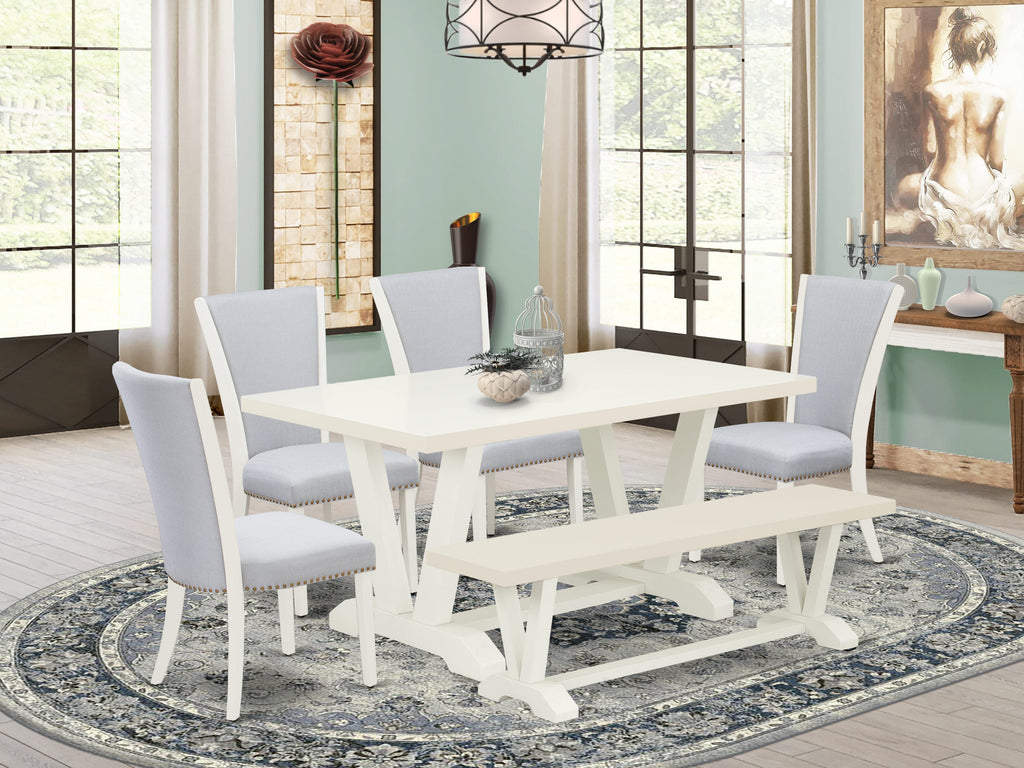 V026VR0YP-B 6-Piece Set Dining Table with V-Legs, Grey Chairs & Bench, 36x60, Multi-Color