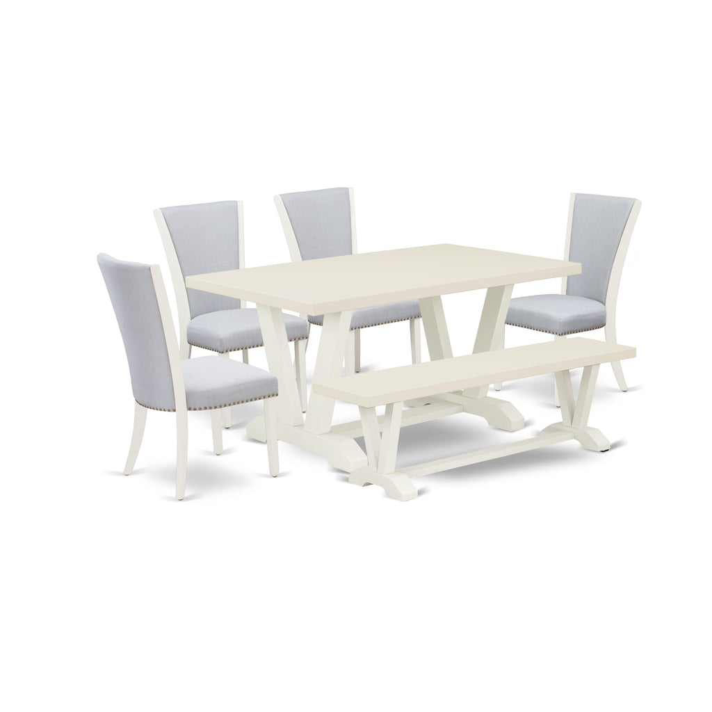 V026VR0YP-B 6-Piece Set Dining Table with V-Legs, Grey Chairs & Bench, 36x60, Multi-Color