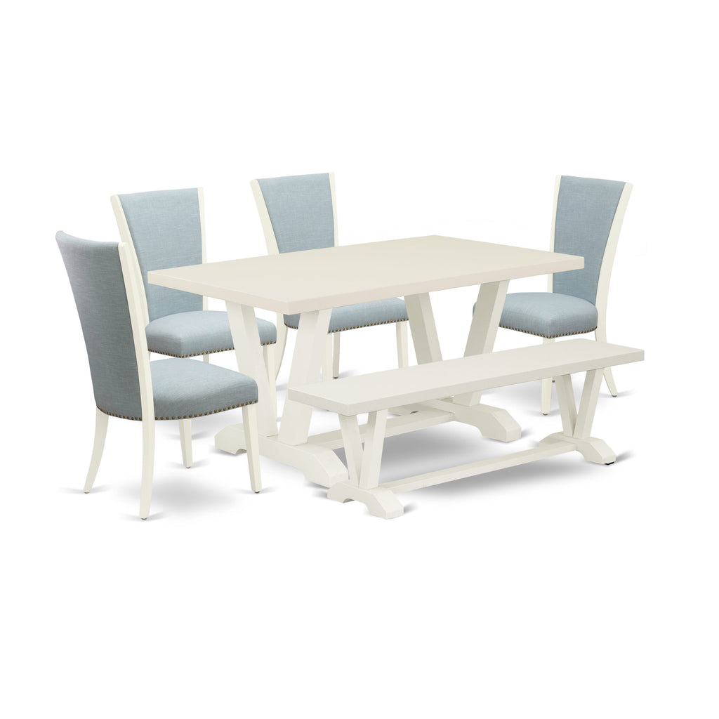 V026VANUZ-E 6 Piece Dining Collection Featuring V-Leg Dining Table and Baby Blue Parson Chairs with Bench, 36x60