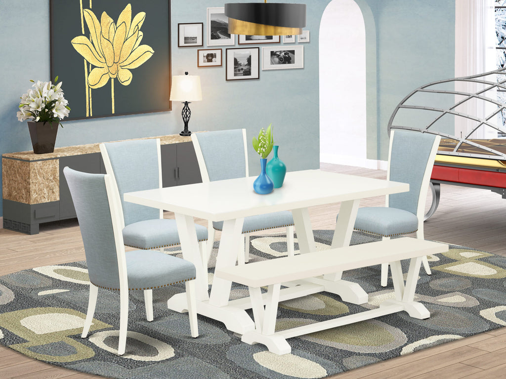 V026VANUZ-E 6 Piece Dining Collection Featuring V-Leg Dining Table and Baby Blue Parson Chairs with Bench, 36x60