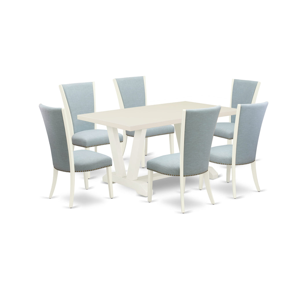 V026V6SBB-J Elegant 7-Piece Dining Ensemble Rectangle Dining Table with V-Legs & 6 Parson Chairs in Baby Blue Linen Fabric, Multi-Color