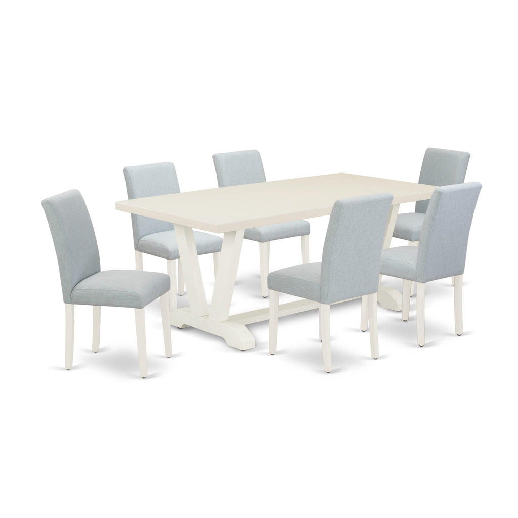 V027ABOMQ-C 7-Piece Rectangle Dining Set with V-Legs and 6 Blue Linen Chairs, 40x72 Multi-Color