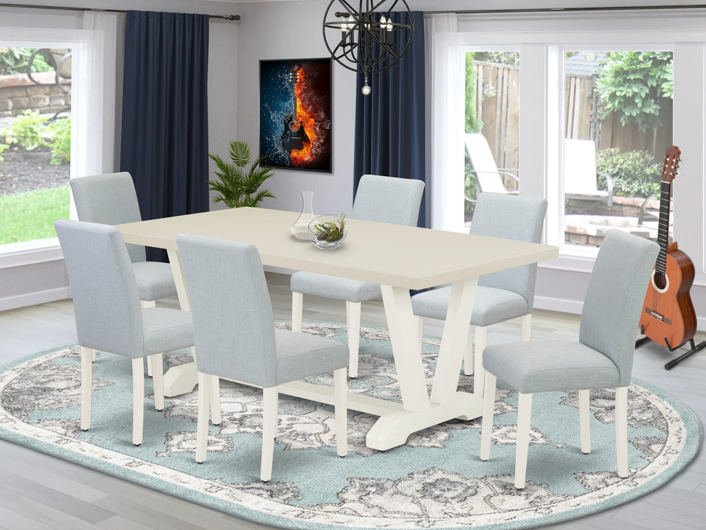 V027ABOMQ-C 7-Piece Rectangle Dining Set with V-Legs and 6 Blue Linen Chairs, 40x72 Multi-Color