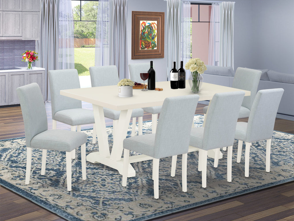 V027ASQ4T-8 Dining Ensemble with V-Leg Table and 8 Blue Linen Chairs 40x72 Multi-Color