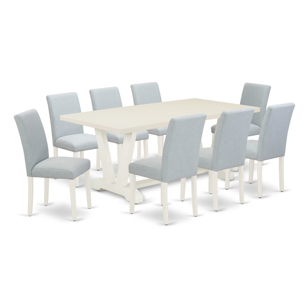 V027ASQ4T-8 Dining Ensemble with V-Leg Table and 8 Blue Linen Chairs 40x72 Multi-Color