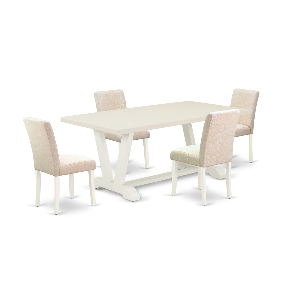 V027A7B98-Q Dining Ensemble Rectangular Table with V-Legs & 4 Light Beige Linen Upholstered Chairs Set, 5 Pieces