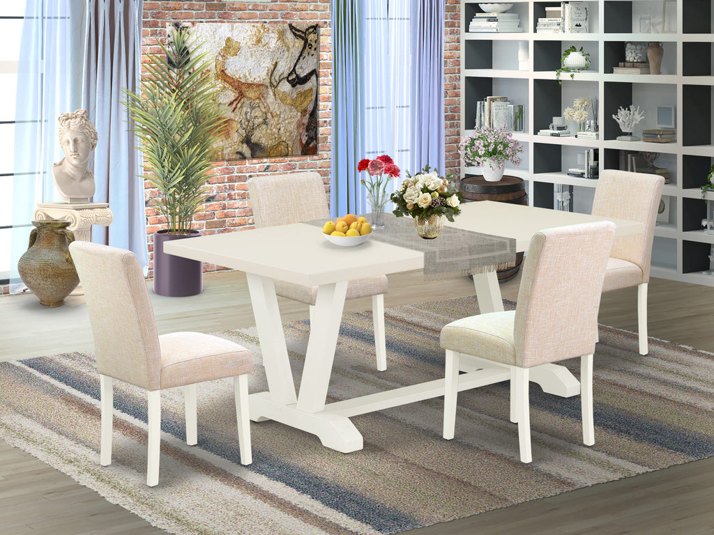 V027A7B98-Q Dining Ensemble Rectangular Table with V-Legs & 4 Light Beige Linen Upholstered Chairs Set, 5 Pieces