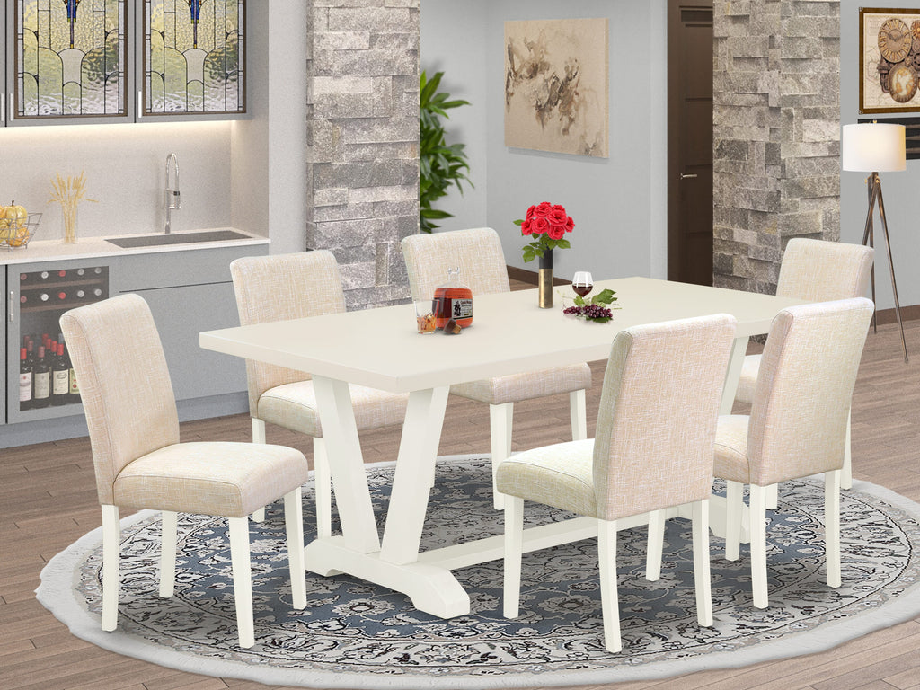 V027ACJQJ-I 7-Piece Dining Ensemble Rectangular Table with Distinctive V-Legs & 6 Upholstered Chairs in Multi-Hued Beige Fabric, 40x72