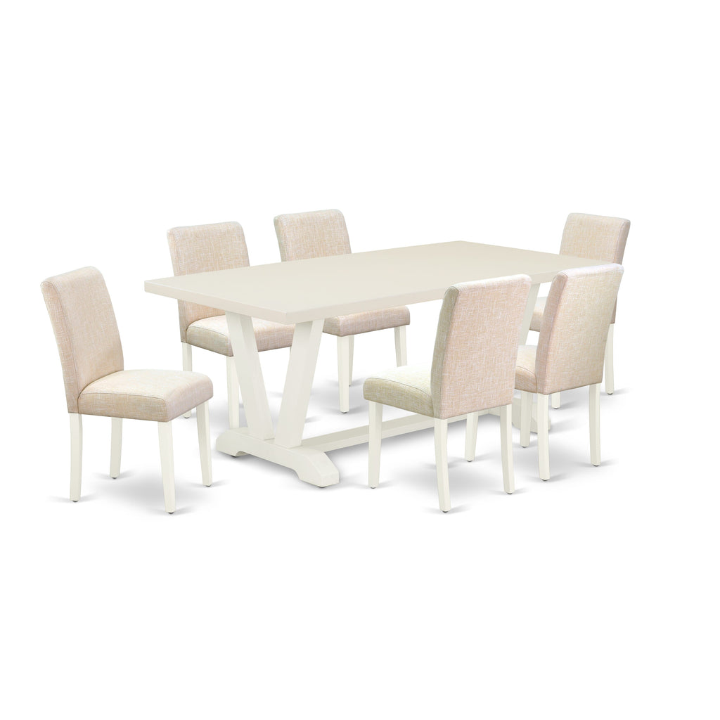 V027ACJQJ-I 7-Piece Dining Ensemble Rectangular Table with Distinctive V-Legs & 6 Upholstered Chairs in Multi-Hued Beige Fabric, 40x72