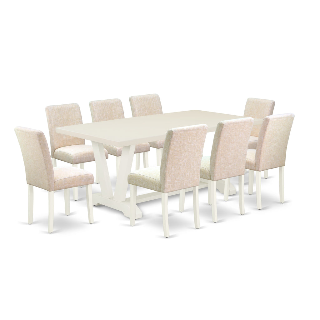 V027A678E-V - Classy 9-Piece Dining Ensemble with V-Legged Table & Beige Linen Chairs, Multicolor Elegance
