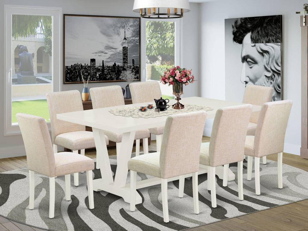 V027A678E-V - Classy 9-Piece Dining Ensemble with V-Legged Table & Beige Linen Chairs, Multicolor Elegance